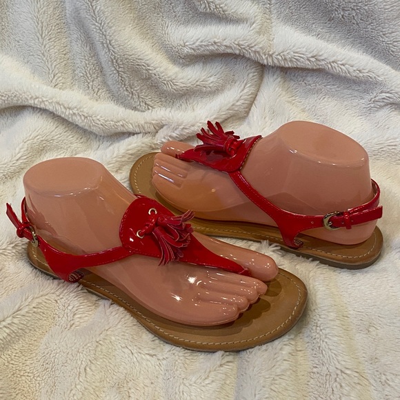 Tommy Hilfiger Red Flat T-Strap Toe-Post Sandals with Tassels Size 7.5 VGC - Picture 7 of 10